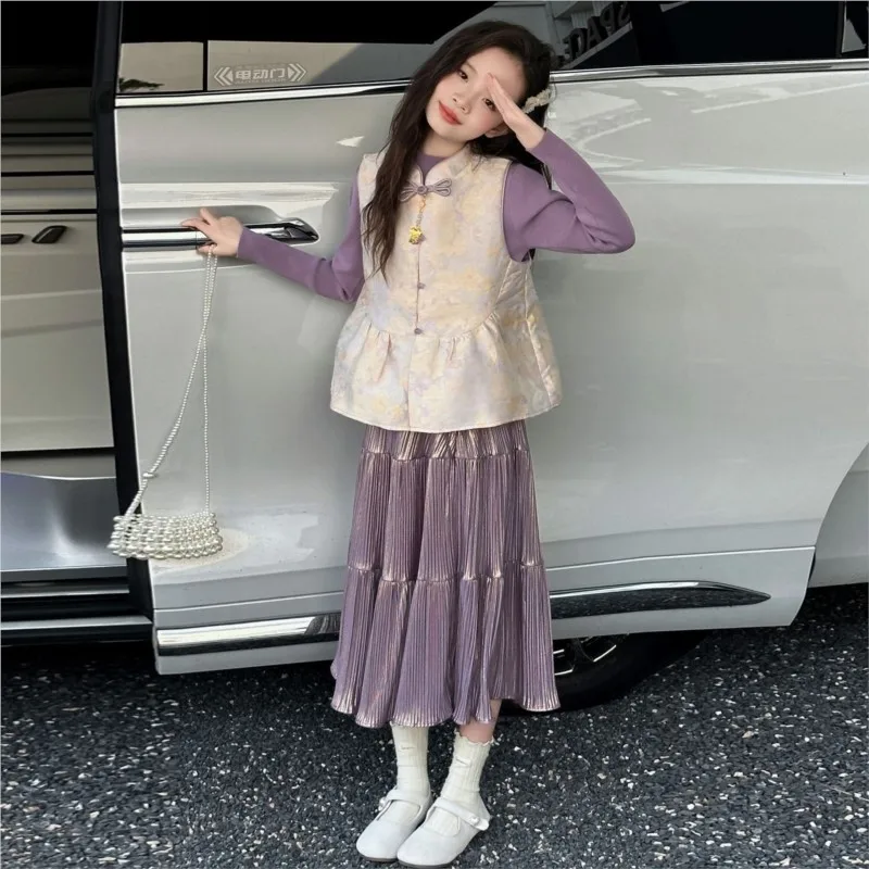 

Spring/Autumn 2026 New Girls' Chinese Style Breathable Tang Set Children's New Chinese Style Top Dress Vest 3-Piece Set LI637