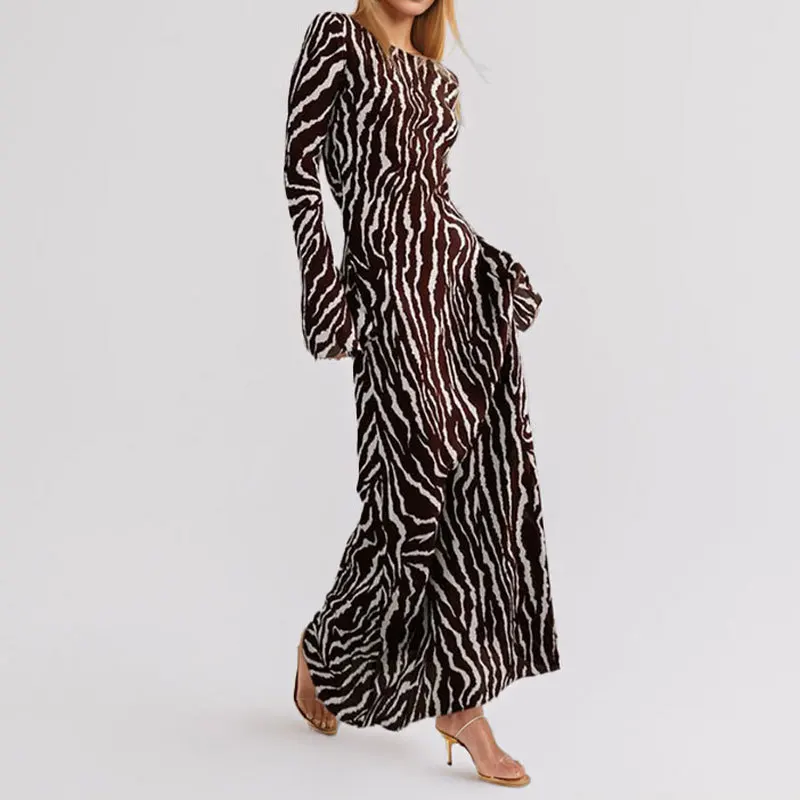

TOY-2025Spring New Women's Elegant Temperament Printed Flared Sleeve Long Dress