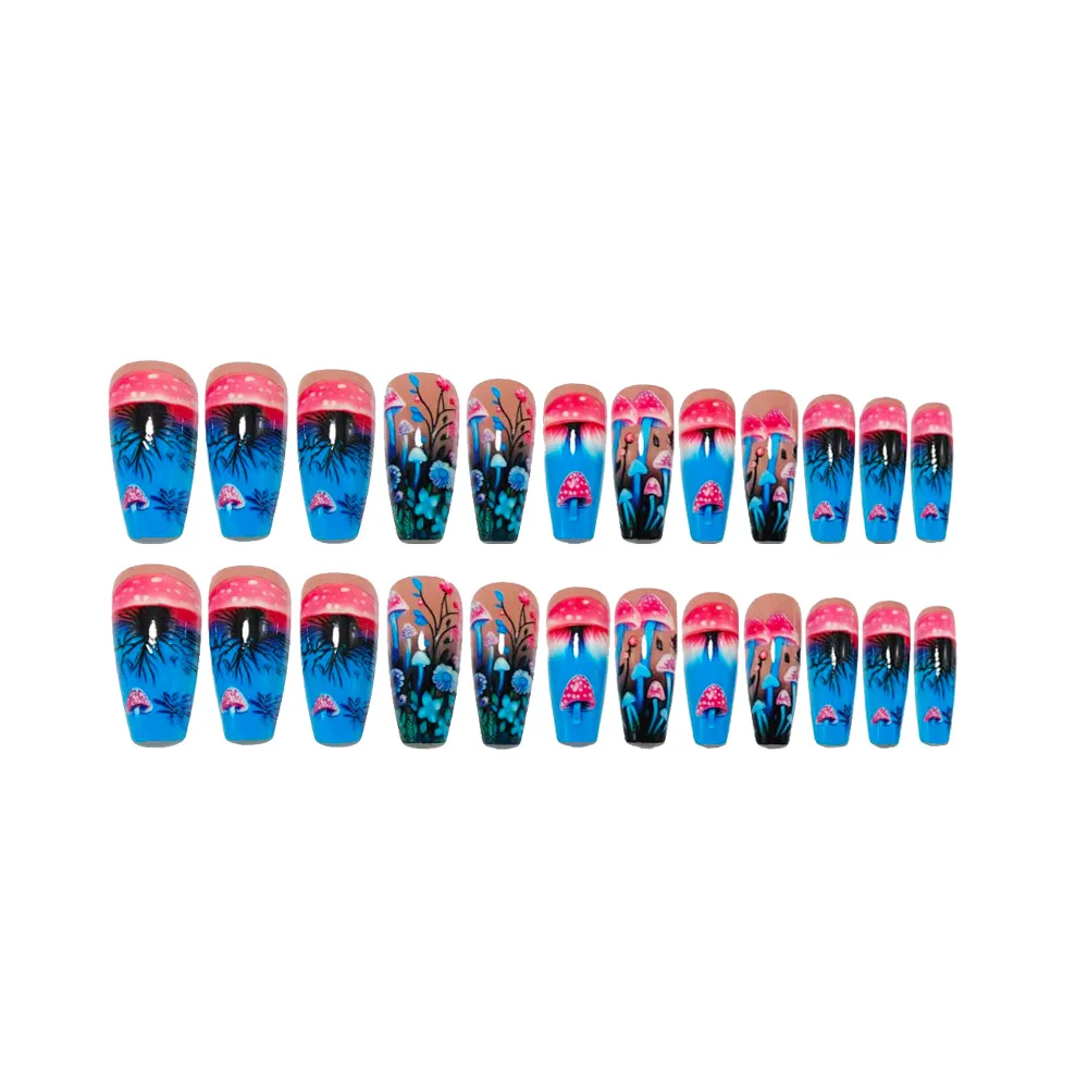 Medium fake naisl for women girls Y2K gradient blue pink butterfly mushroom flora for spring summer press on acrylic false nail image 6