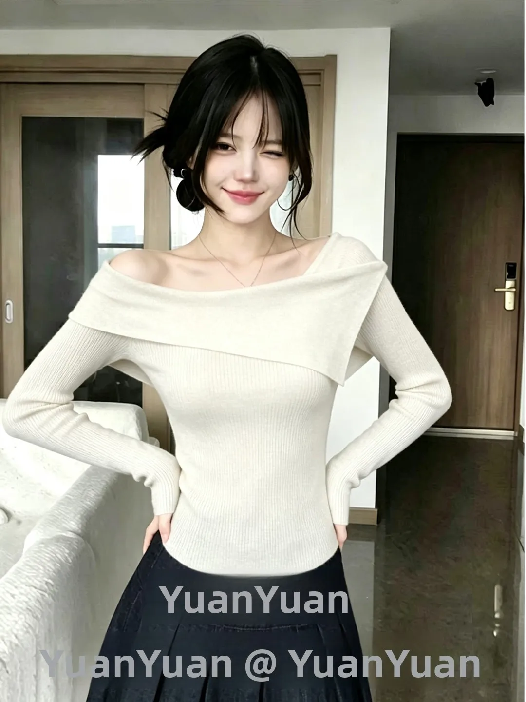 Slimming Sweet Lady Style One Shoulder Knitted Sweater Unique Fashionable Korean Version Soft Polyester Long Sleeve Casual Wear