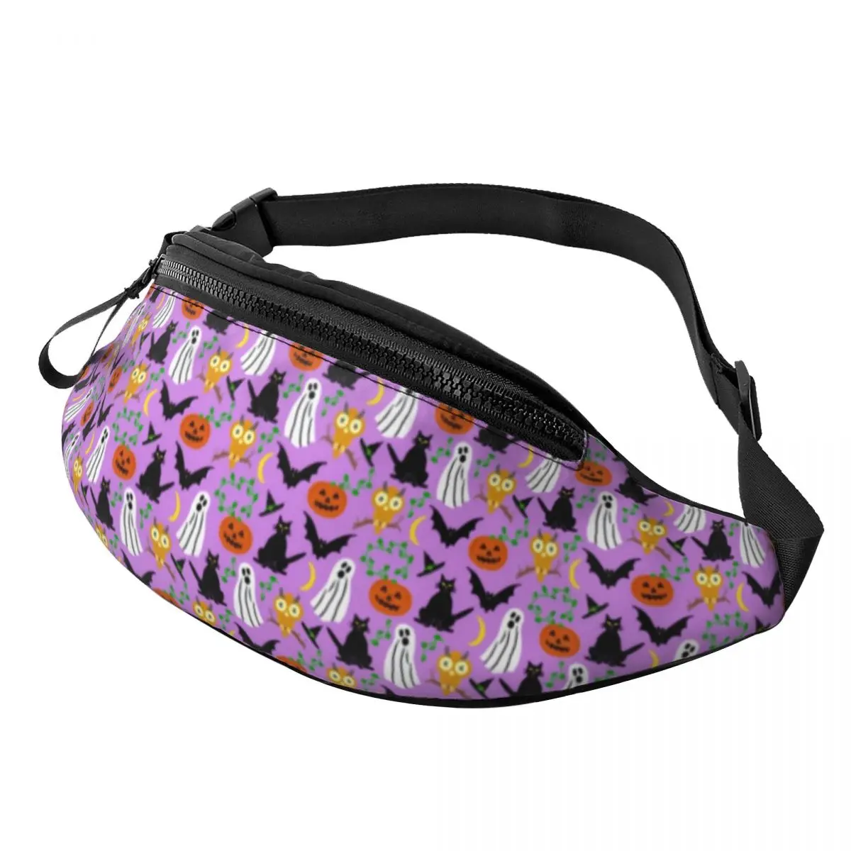 Black Cat Waist Bag Halloween Ghosts Bats Bicycle Women Waist Pack Polyester Pattern Bag