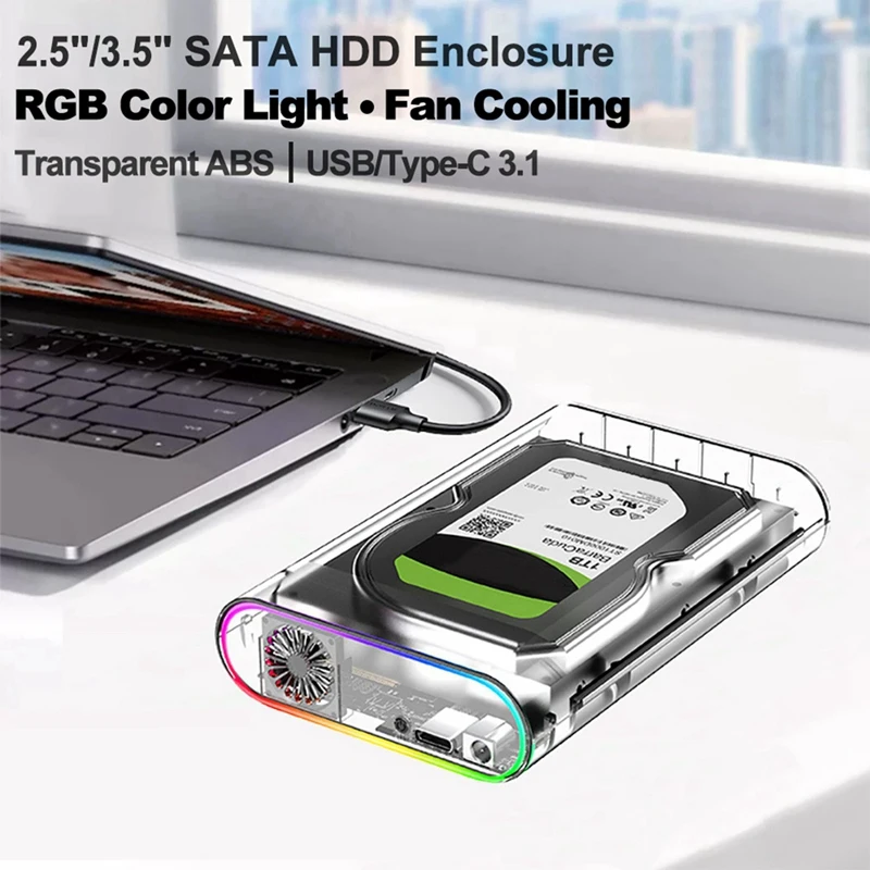 3.5IN HDD/SSD Enclosure Transparent USB 3.0 Type C to External HDD Case Support 28TB SSD RGB Colorful Light US Plug-A31R - view 2