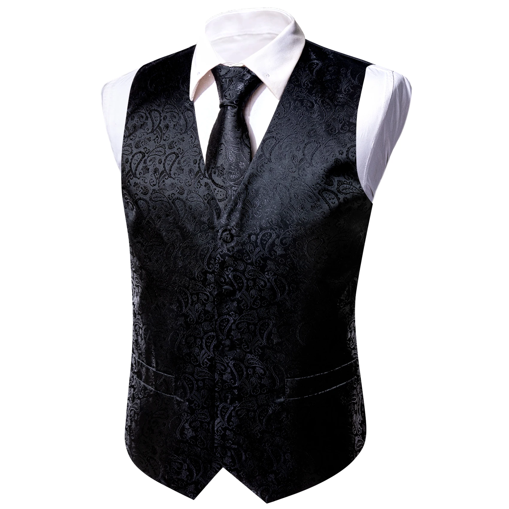 Solid Black Subtle Paisley V-Neck Vest 5Pcs Outfit Tie Pocket Square Cufflinks Ring For Vintage Anniversary Gala