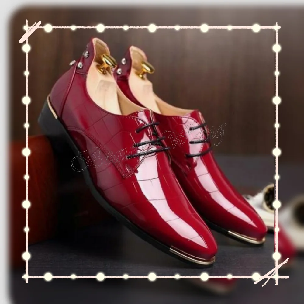 

Red Patent Leather Lace up Men Shoes Pumps New Style Men's Dress Shoes Gentlemen Slip on Party Shoes Big Size 47 Sprig Autumn