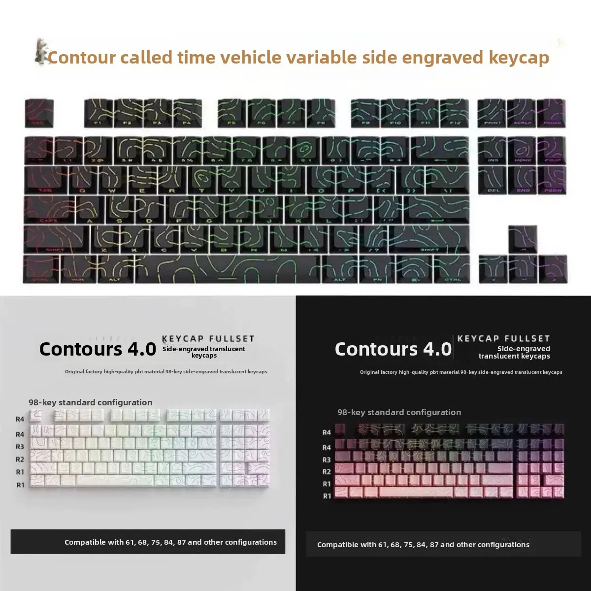 Cross-border spot black rose powder PBT contour line  side engraved keycap original height 130 two-colorsmall full set of cracks
