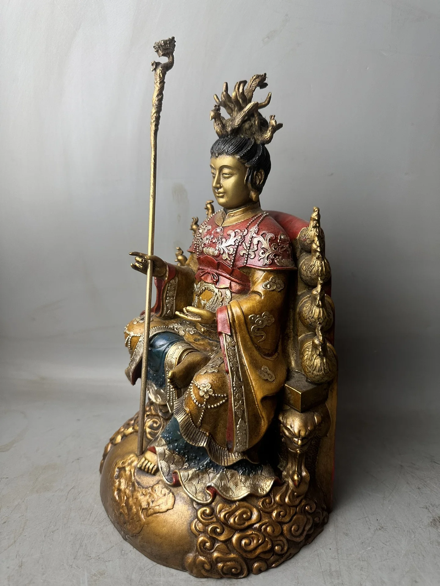 Old Tibetan late Qing Dynasty bronze lacquer gold painted earth mother statue Height 32cm, length 18cm, width 13.5cm