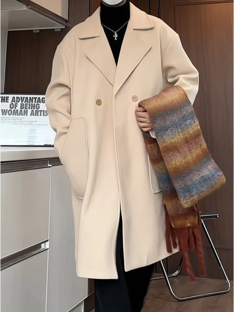 

Men's Mid-Length Woolen Coat Double-Breasted Autumn Winter Faion Briti Sle Knee-Length Windbreaker Warm Insulated Outer...