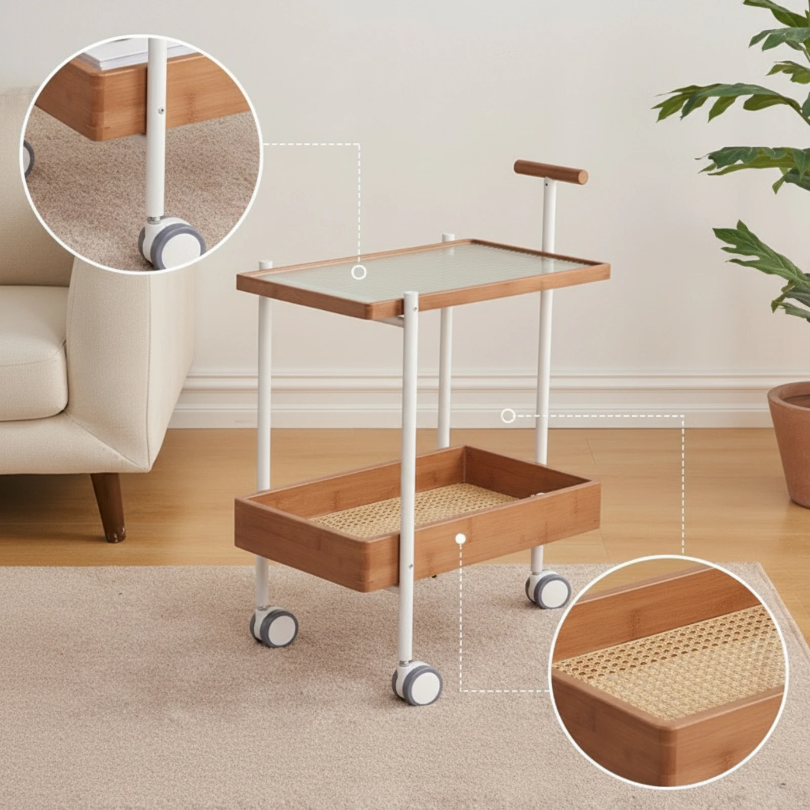 

Rolling Side Cart with Handle Compact 2-Tier Rolling Cart Mobile End Table Multi-Purpose Furniture 360-Degree Rotating