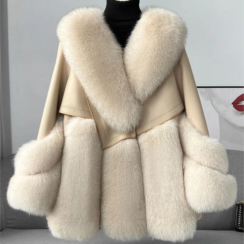 2022 New Women Down Coats with Fox Fur Collar Cuffs Winter Velvet Jackets Warm Fur Clothing Luxury Female Genuine Leather Coat