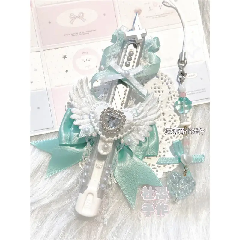 Green Lace Decor Utility Knife with Keychain Kawaii Handmade Art Knife Bow Rhinestone Heart Wings Portable  Paper Cutting