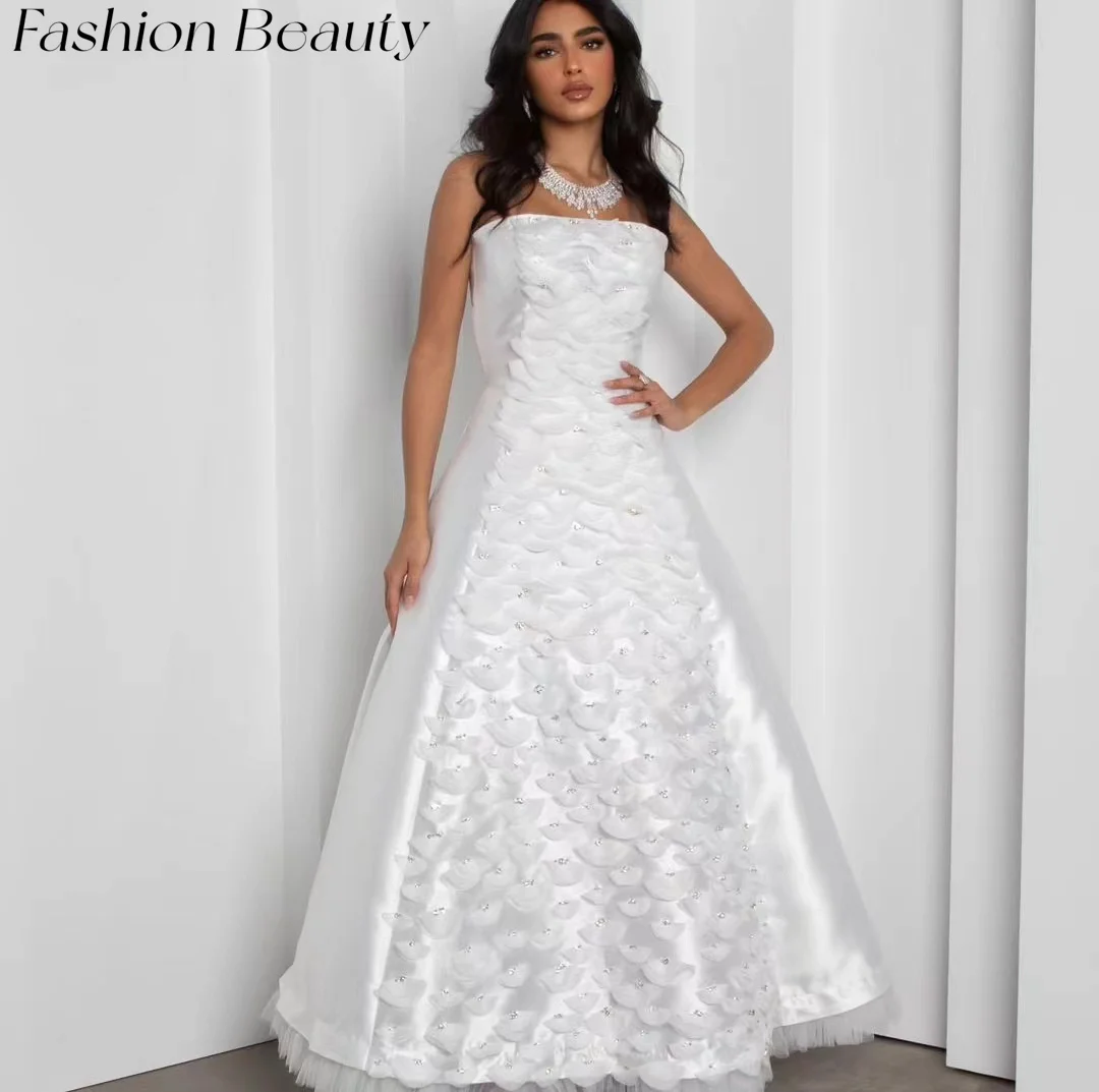 Fashion Beauty White Prom Dresses Strapless Beaded Leaves Exquisite Formal Occasion Dress For Women 2024 فساتين سهره فاخره