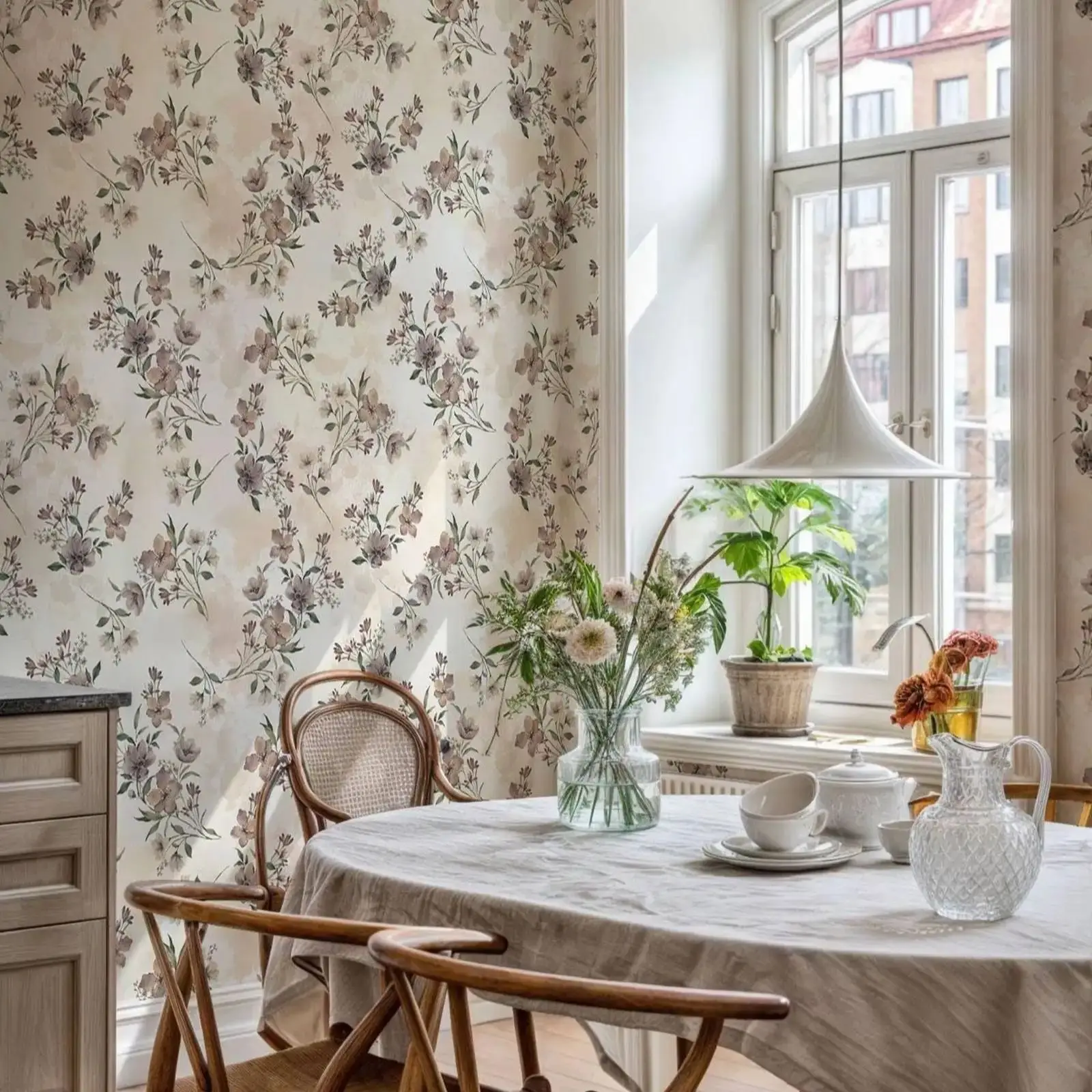 Watercolor Floral Wallpaper, Neutral French Country Farmhouse Wallpaper Peel and Stick ,Vintage Classic Floral Wall Paper Roll