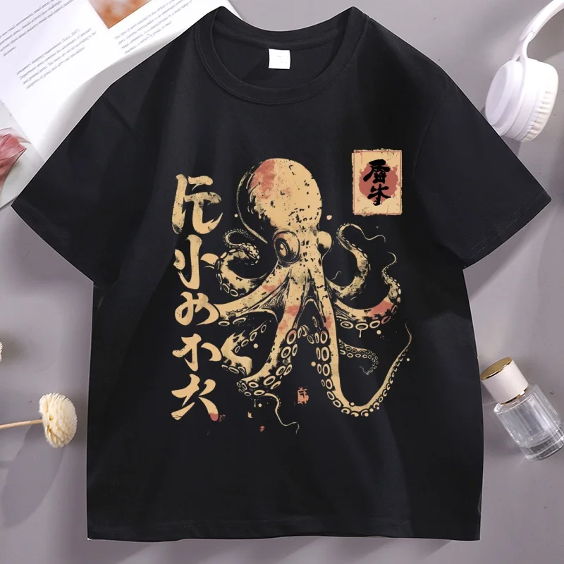 

Octopus Japanese Calligraphy T Shirt Octopus Art Printed T-shirt Casual Round Neck Cotton Short Sleeve Tshirt Mens Clothes