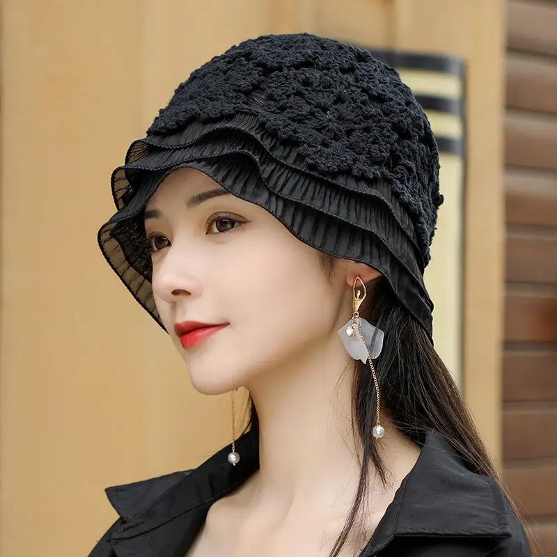 

Handmade Knitted Breathable Women's Hat Cover up White Hair Versatile Airy Flower Lace Fishing Cap Spring Season Sportswear