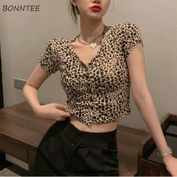 T-Shirts Women Leopard Chic Korean Fashion Crop Tops Ins Sweet Spicy Girls Summer All-match Sexy Streetwear Casual Daily Popular