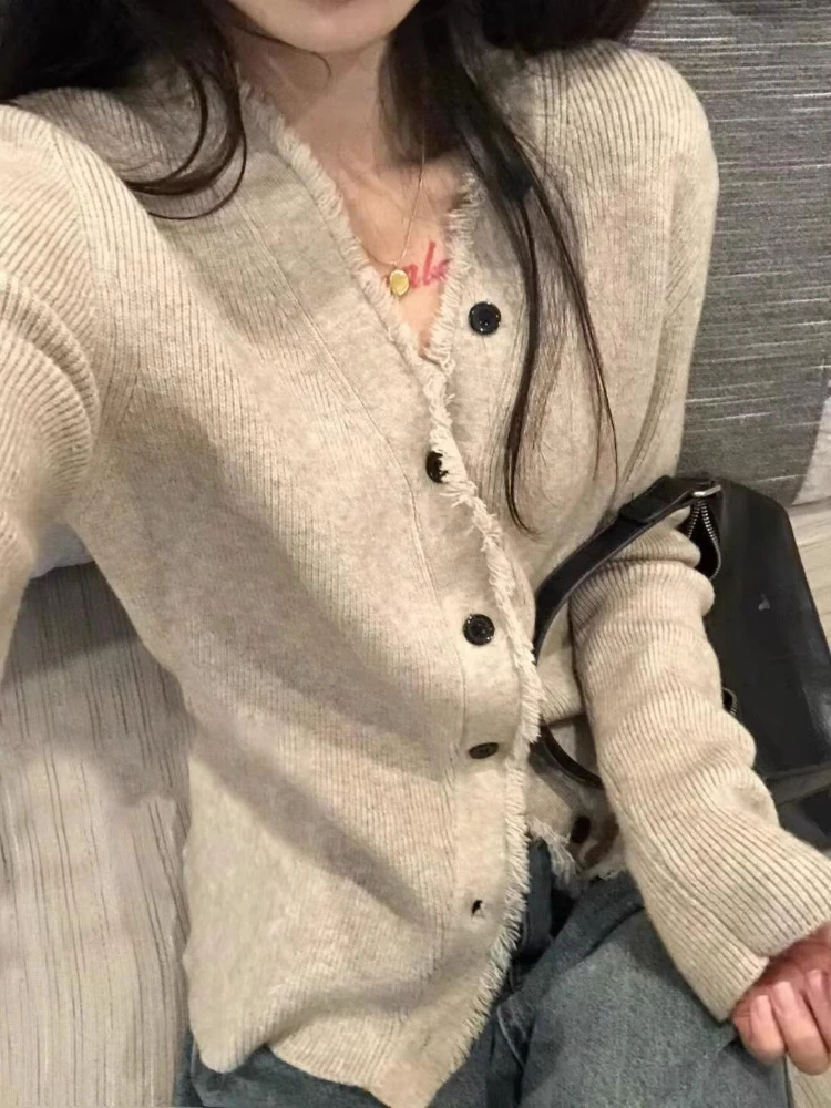 

Chic Korean V Neck Cardigan 2025 Autumn Slim Fit Knit Pullover Tops Women Sexy Cute Long Sleeve Open Front Ruched Solid Sweaters