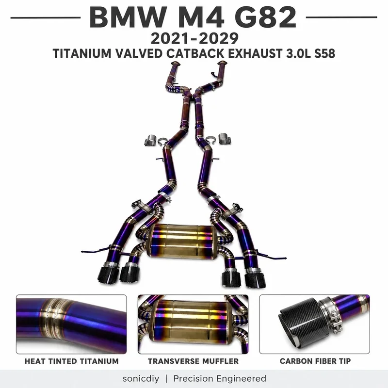 Heat Tinted Titanium Valved Catback Exhaust for BMW M3 M4 G80 G82 3 0L S58 Twin Turbo 2021- 2029 Quad Carbon Fiber Tips Set