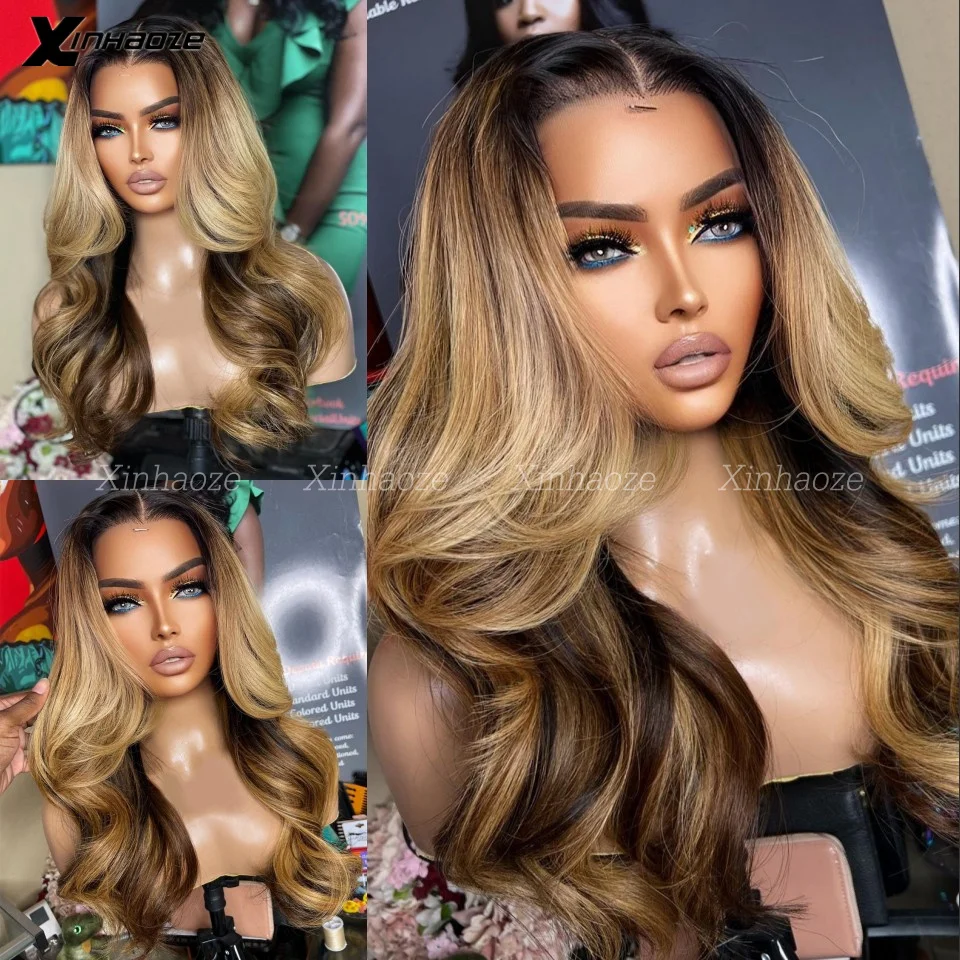 Dark Rooted #4/27 Highlights Brown Blonde Body Wave 100% Human Hair Wig 200% Full Density 13x4 Silk Base Lace Wigs For Women