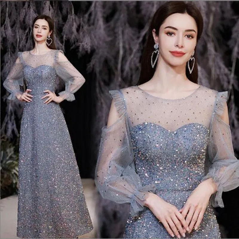 

Long Sleeve A-Line Sequines Evening Dresses Women's Vestidos Backless Prom Zipper Back Simple Party Gown