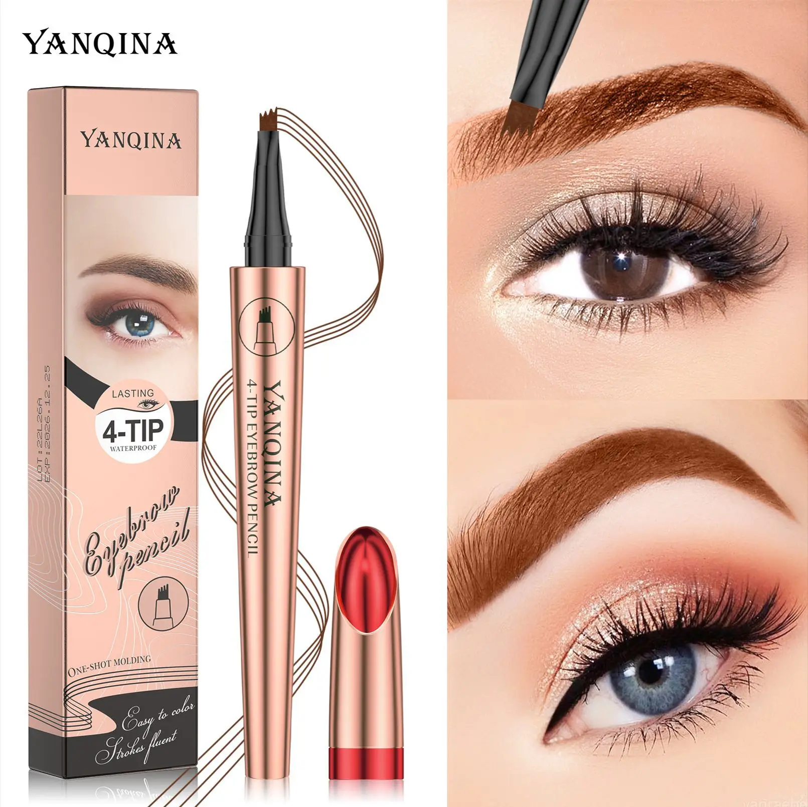 YANQINA Eyebrow Pencil 4-Tip Microblade Eyebrow Pen Smudge-Proof Waterproof Long-Lasting Natural Eye Brow Pencils for Women