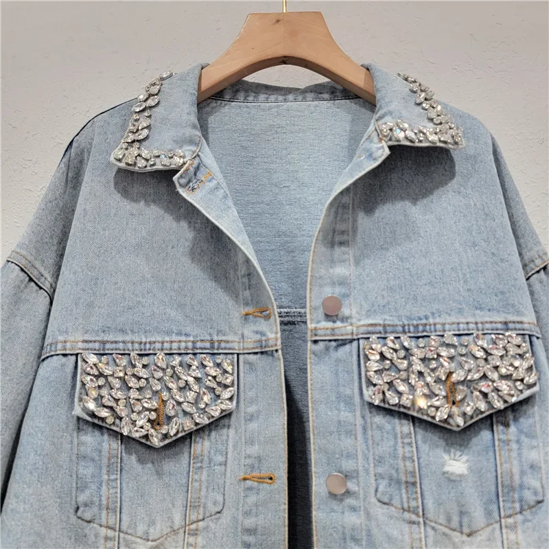 

Autumn Korean Light Blue Denim Jacket Diamond Pocket Frayed Hole Cowboy Coat Loose Casual Lapel Long Sleeve Women Jeans Jacket