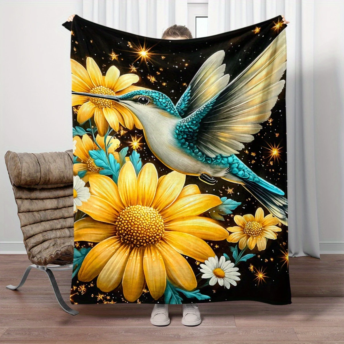 

1 Cozy Polyester Hummingbird and Floral Print Flannel Blanket - Bed, Sofa, Office, Travel, Gift, Decoration, Chair, Comfort