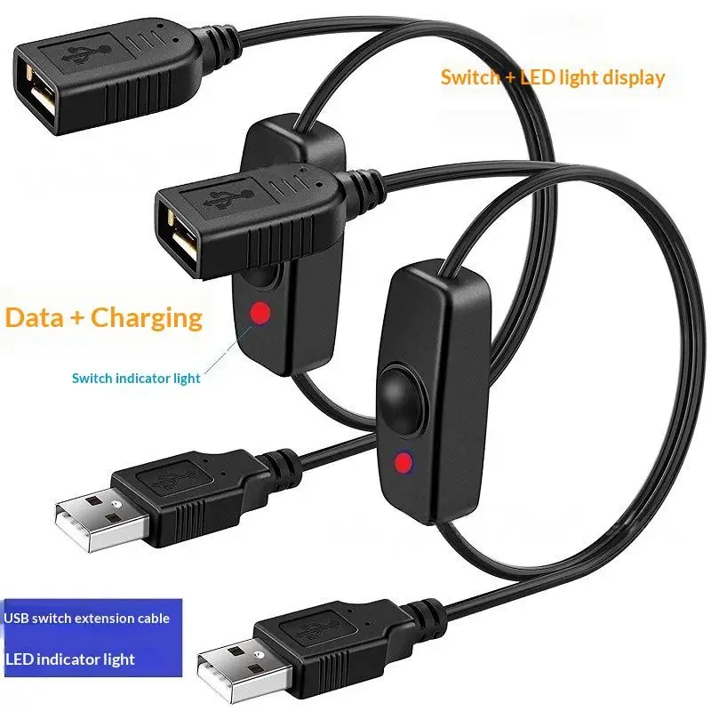 1Pcs USB Extension Cable With ON OFF Switch LED Indicator For Raspberry Pi PC USB Fan LED Lamp Data Sync USB 2.0 Extender Cord