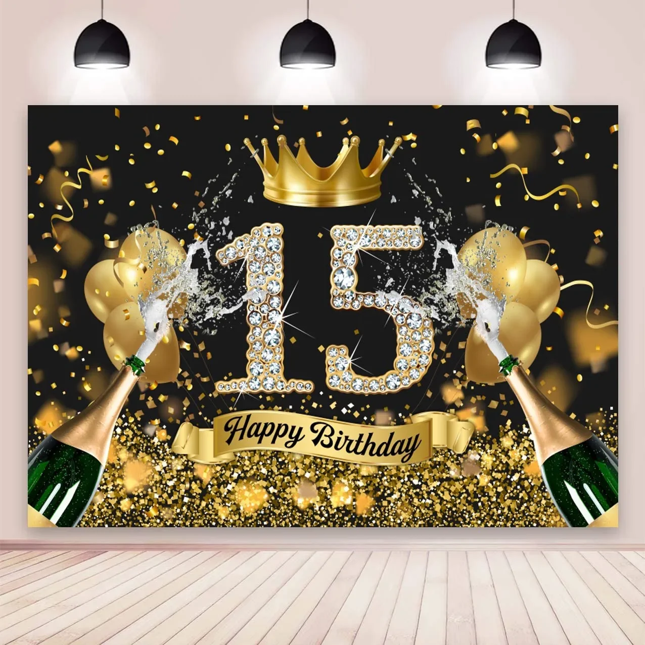 

Black Glod 15th Backdrop Gloden Crown Boys Girls 15 Years Old Birthday Party Custom Photo Background Decoration