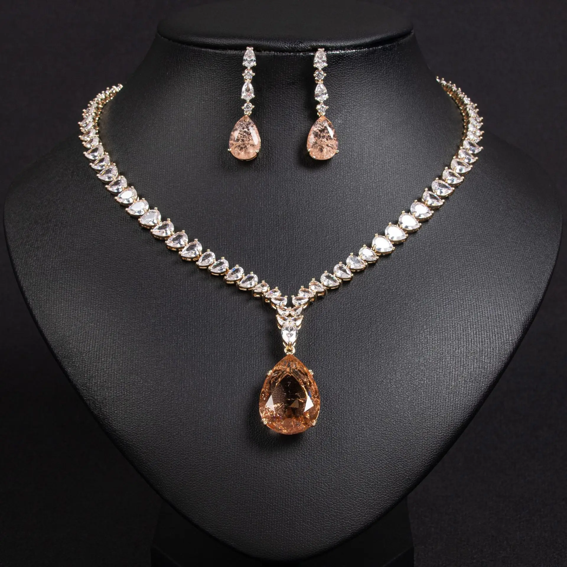 

Women Bridal Zircon Heart Tassel Earrings Necklace Set 2025