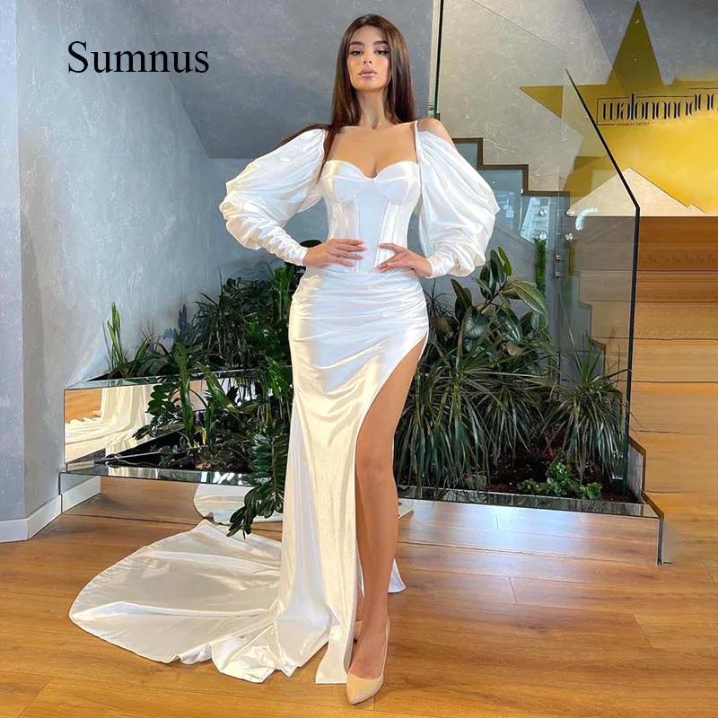 

White Satin Mermaid Wedding Dress Long Sleeve Sweetheart High Slit Bride Gowns Sexy Wedding Gowns 2024 Summer Vestido de Novia