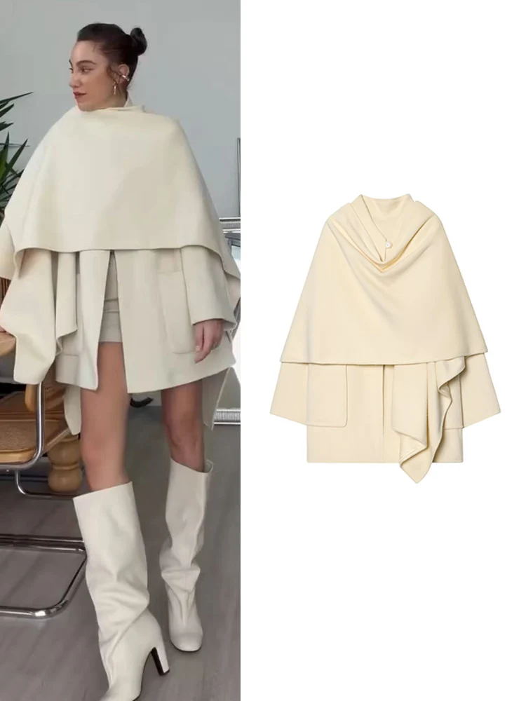 

TFMLN Women's Scarf Decorated Woolen Jacket Casual Loose Long Sleeve Elegant Warm Overcoat Winter New Female Solid Chic Coat