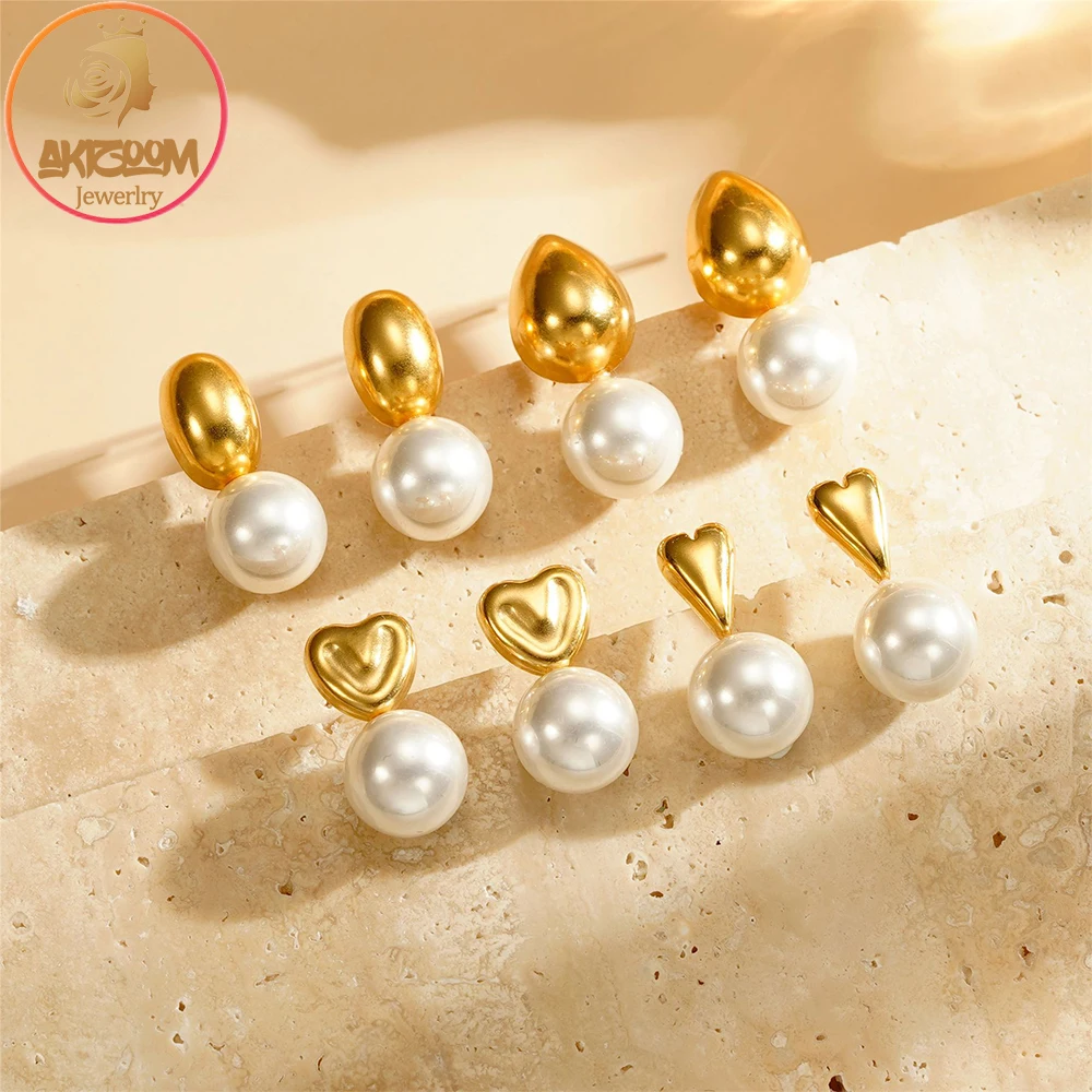 Akizoom Vintage Imitation Pearl Stud Earrings For Women Stainless Steel Accessories Heart Earrings Birthday Christmas Gifts