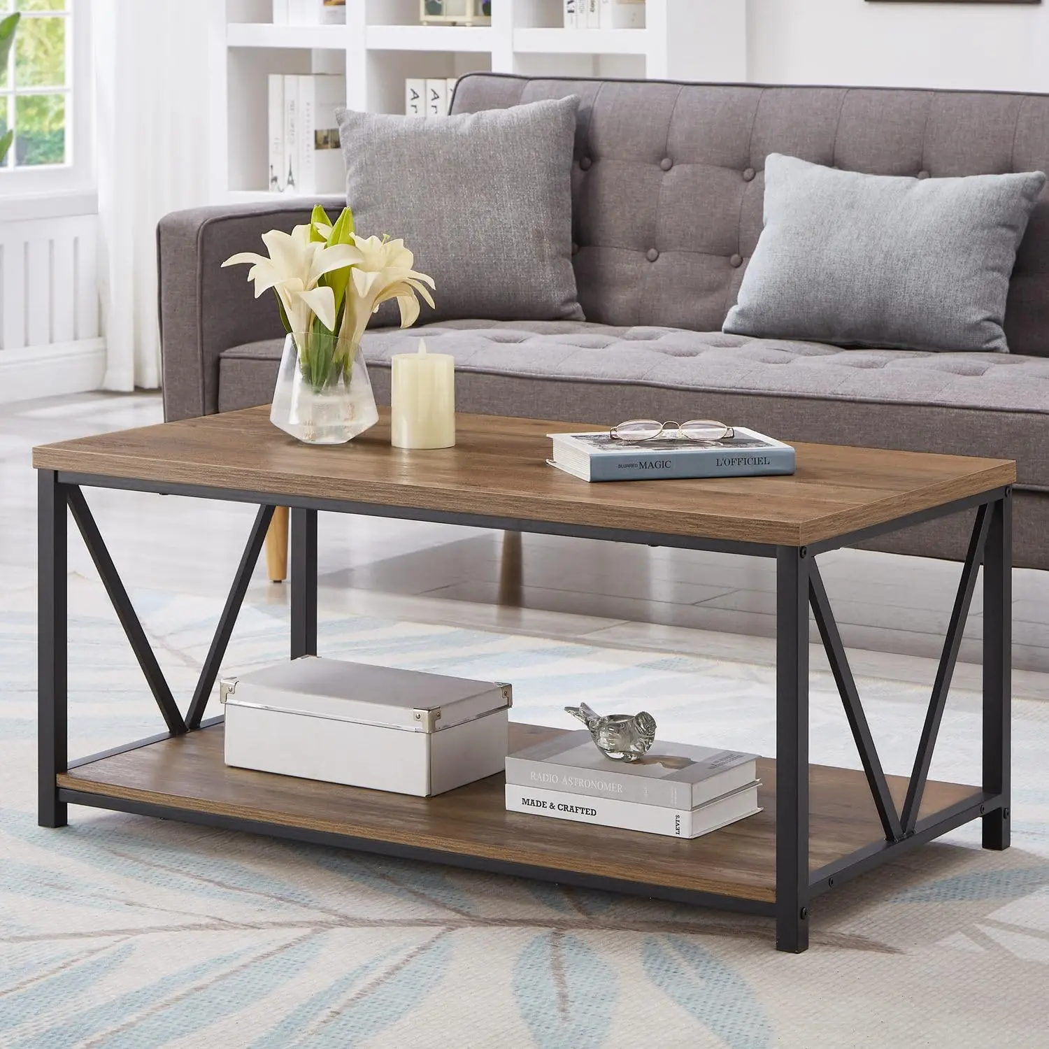 Coffee Table with Storage Shelf, Modern Industrial Metal and Wood Living Room , Small Rectangle Cocktail Tea