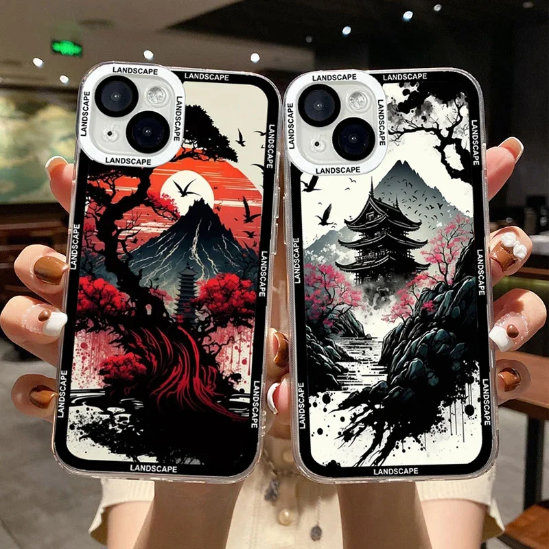 Chinoiserie Aesthetic Landscape Scenery Phone Case for Samsung Galaxy A55 A54 A53 A51 A70 A32 A 31 A13 5G Soft Clear Cover Funda