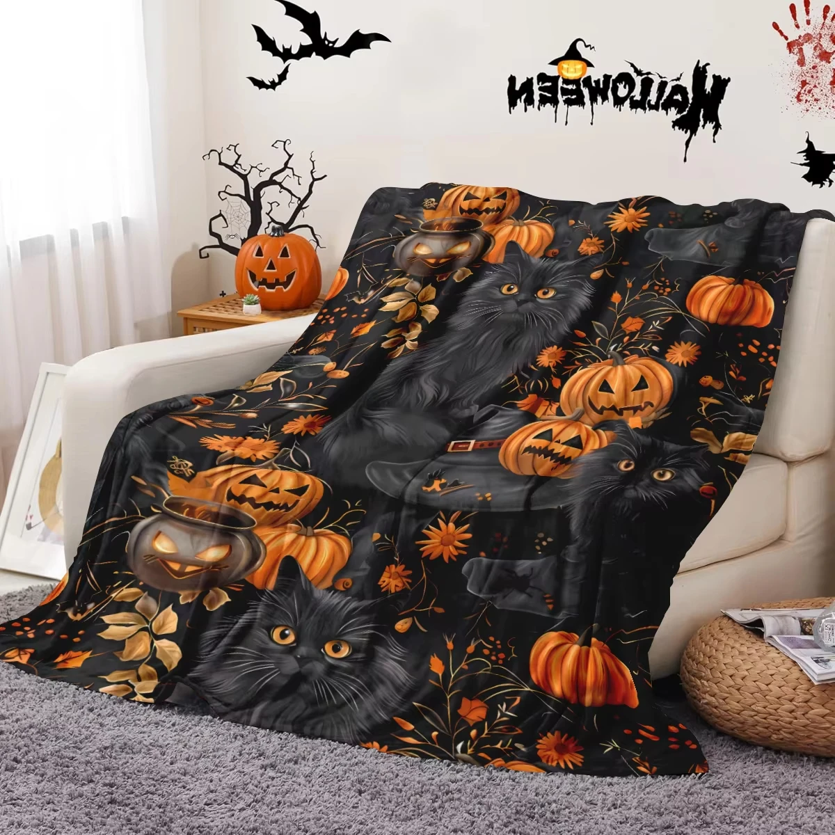 1pc Halloween Pumpkin Black Cat Flannel Blanket Soft and Comfortable Nap Envelope Small Cover Blanket Sofa Bed Comfort