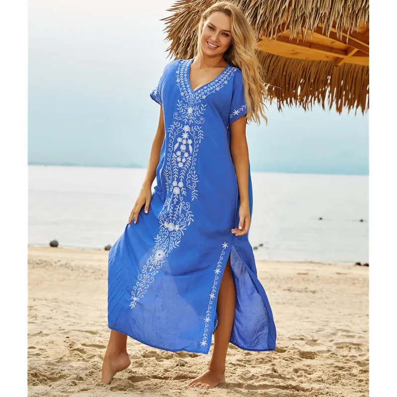 

Пляжные накидки с вышивкой, с V-образным вырезом и коротким рукавом, для женщин, платья-кафтаны