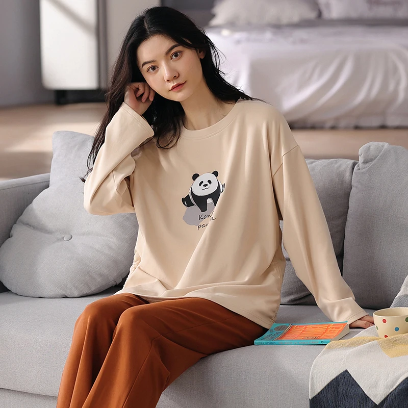 Autumn Winter 100%Cotton Women Pajamas Set Cute Cartoon Female Sleepwear Homewear Long Sleeve Round Neck Sweet Femme Pyjamas