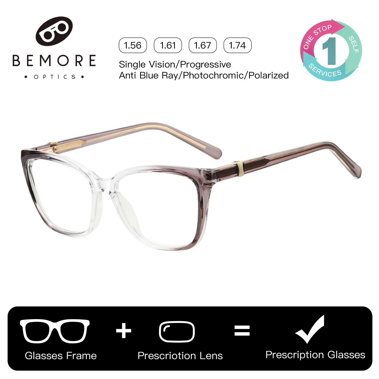 BEMORE Woman Butterfly Ultralight Acetate Optical Glasses with Recipe Anti-Blue Light Square Multifocal Prescription Lenses
