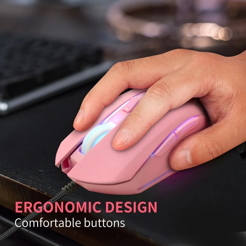 2400DPI USB Mouse Type Pink Gaming Mouse with LED Backlight for MacBook Chromebook Matebook Drop shipping