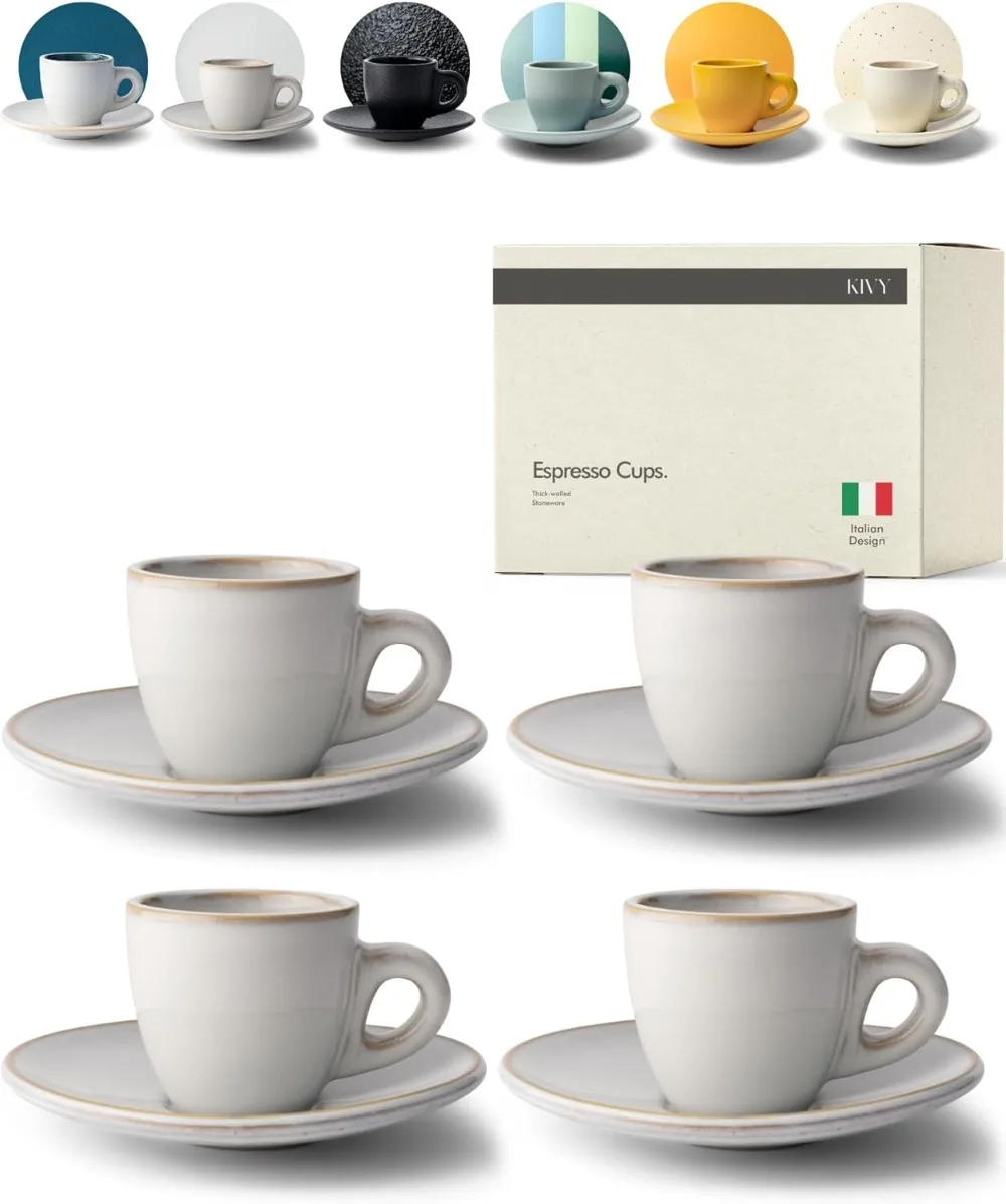 

4-Pack Thick-Walled Stoneware Espresso Cups with Saucers, Italian Style Demitasse Set for Coffee Lovers