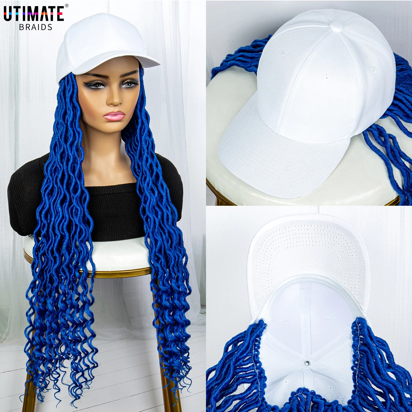 

34 Inches Baseball Cap Wig with Synthetic Box Braided Wigs for Black Women Blue Long Hat Wig Cornrow Braiding Hair Adjustable