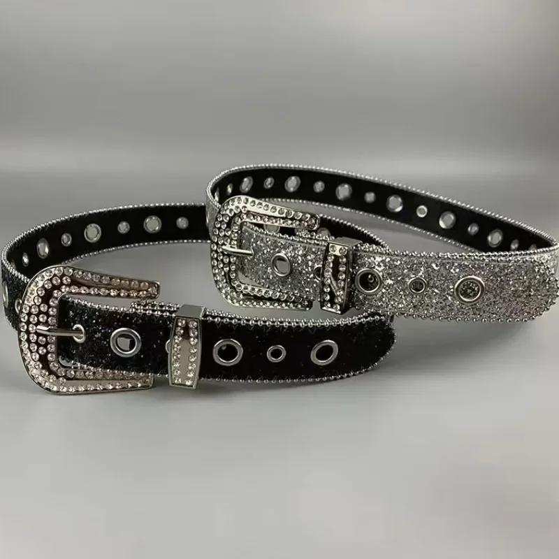 

Hip Hop Rhinestone Belt Hollow Studded Crystal for Women Men Western Denim Shiny Rivet Design Bling Adjustable Glitter Waistband