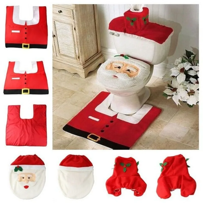 

Cute 1 Set Merry Christmas Santa Toilet Seat Cover 3D Cartoon Bathroom Mat Toilet Cover Water Uptake Bath Festival Holiday Decor