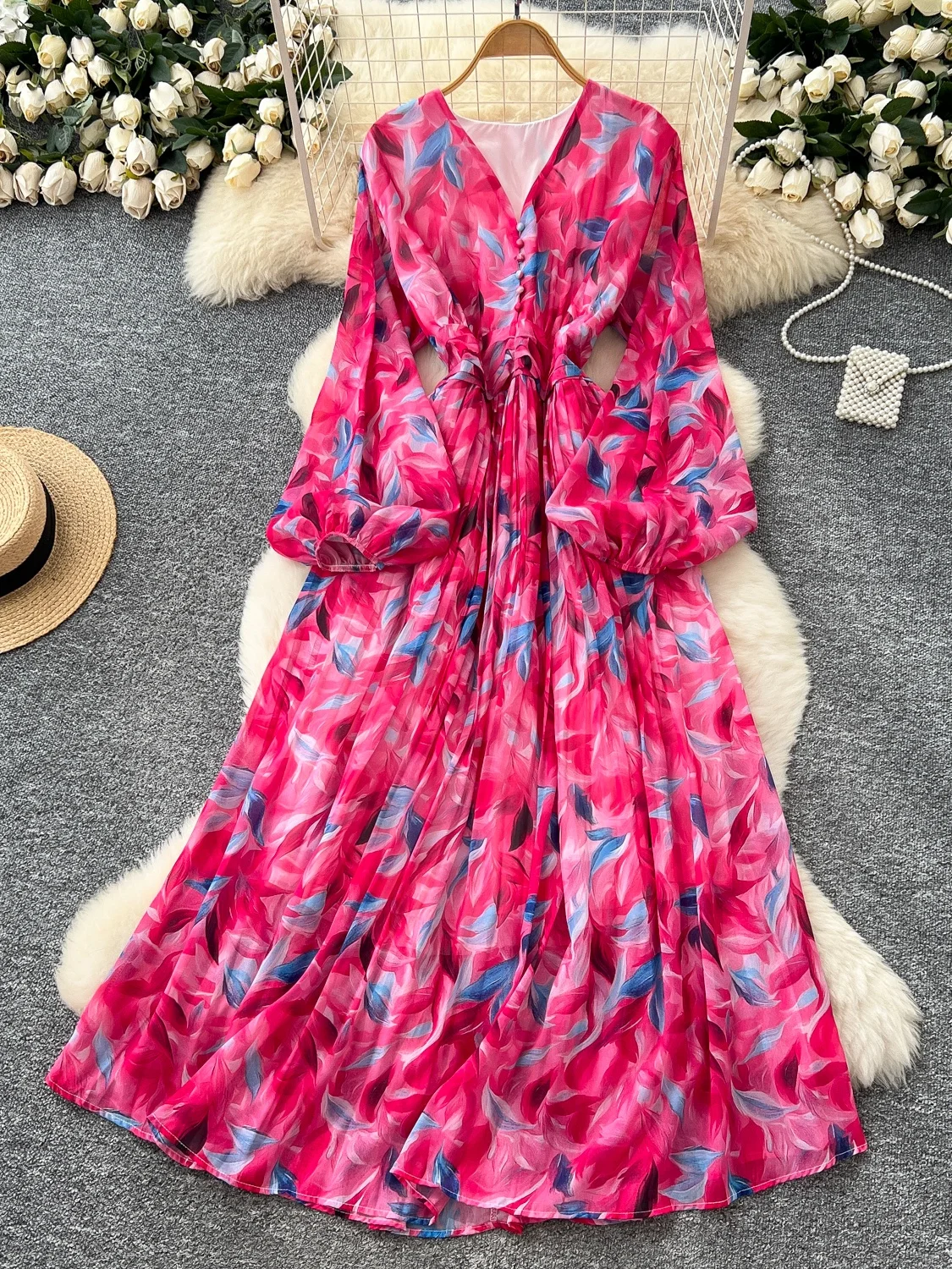 E Vestido con Cuello en V y Mangas Farol, Estampado Floral, Falda Larga, Estilo Coreano, Cintura Alta, Línea A, Vestid...