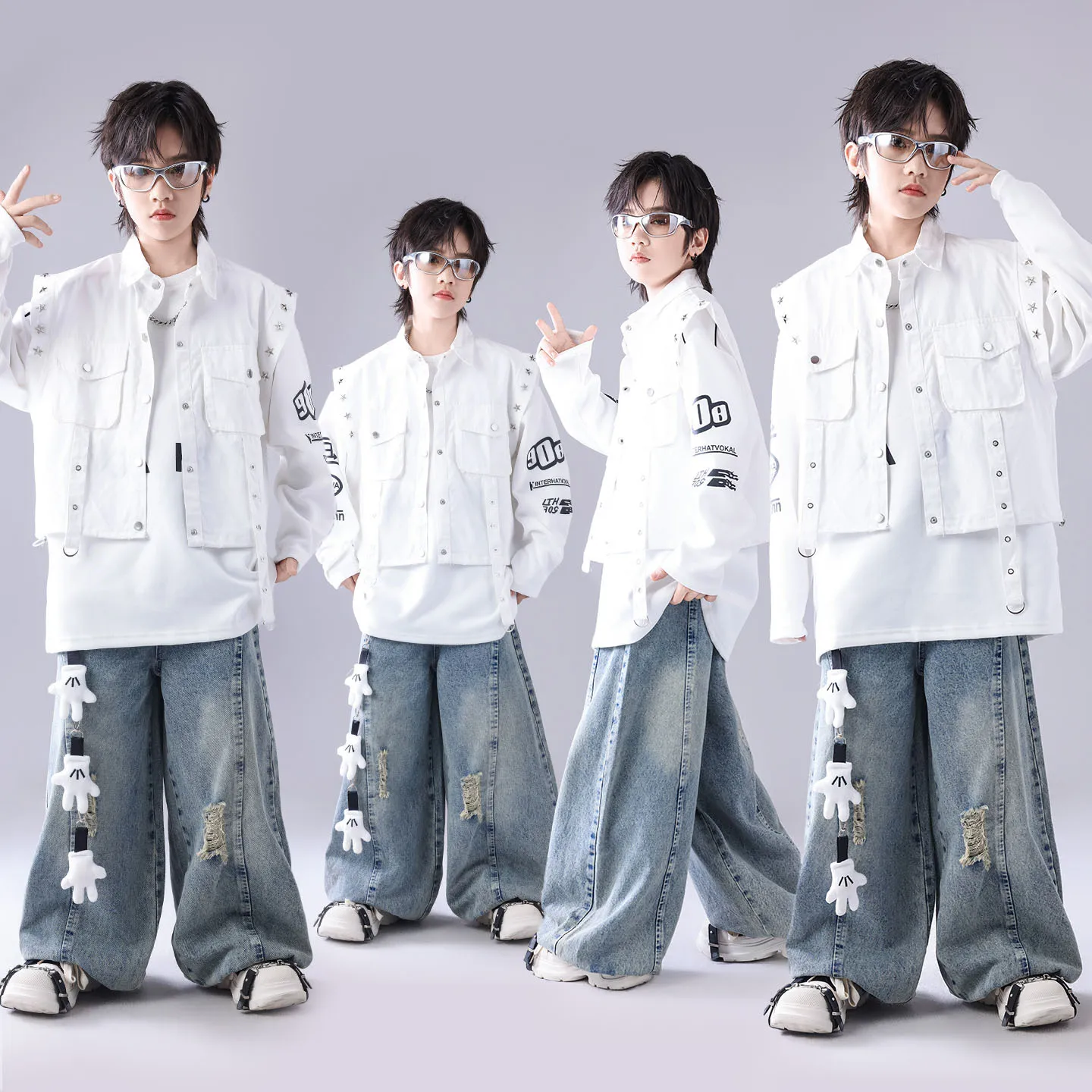 Kid Kpop Hip Hop Clothing White Strap Star Vest Denim Curved Blade Ripped Jeans Pants for Girl Boy Street Dance Costume Clothes