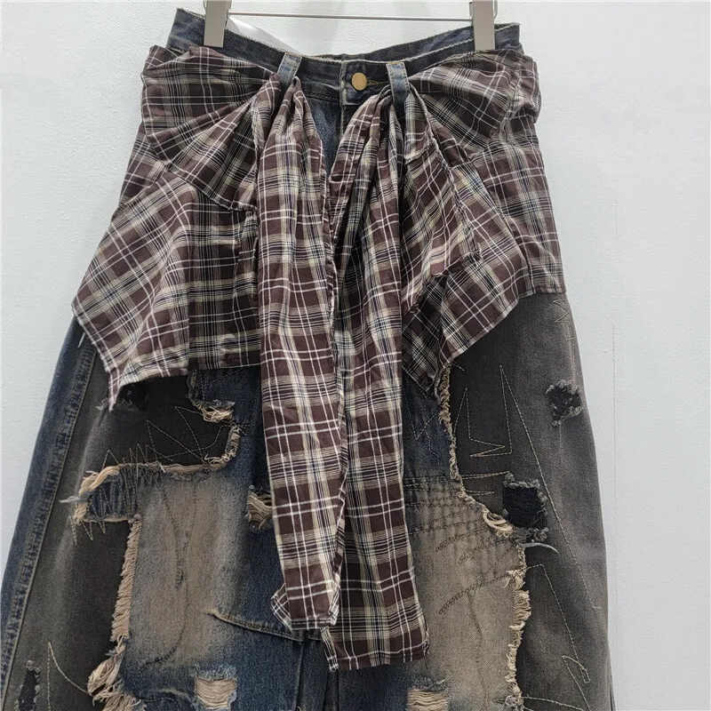 HKSH Lente Herfst Nieuwe Vrouw Jeans Ripped Verontruste Patchwork Contrast Kleur Amerikaanse Retro Streetwear Y2K Denim Broek HK14422