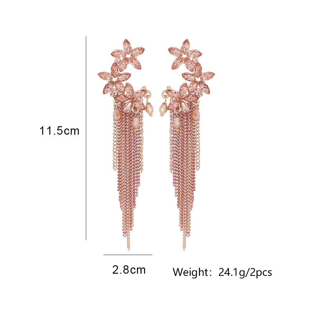 New Pink Crystal Long Metal Chain Dangle Drop Earrings High-Quality Luxury Fashion Rhinestone Jewelry Accessories For Women