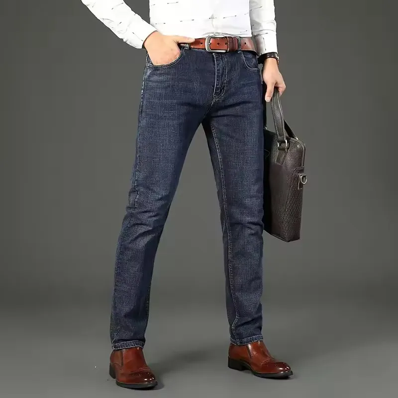 Jeans Elit Bisnis Hitam dan Biru Set 2 Potong Musim Semi Musim Gugur 2025 Celana Denim Berkualitas Tinggi Multicraft Kaki Lurus Elastis Mikro