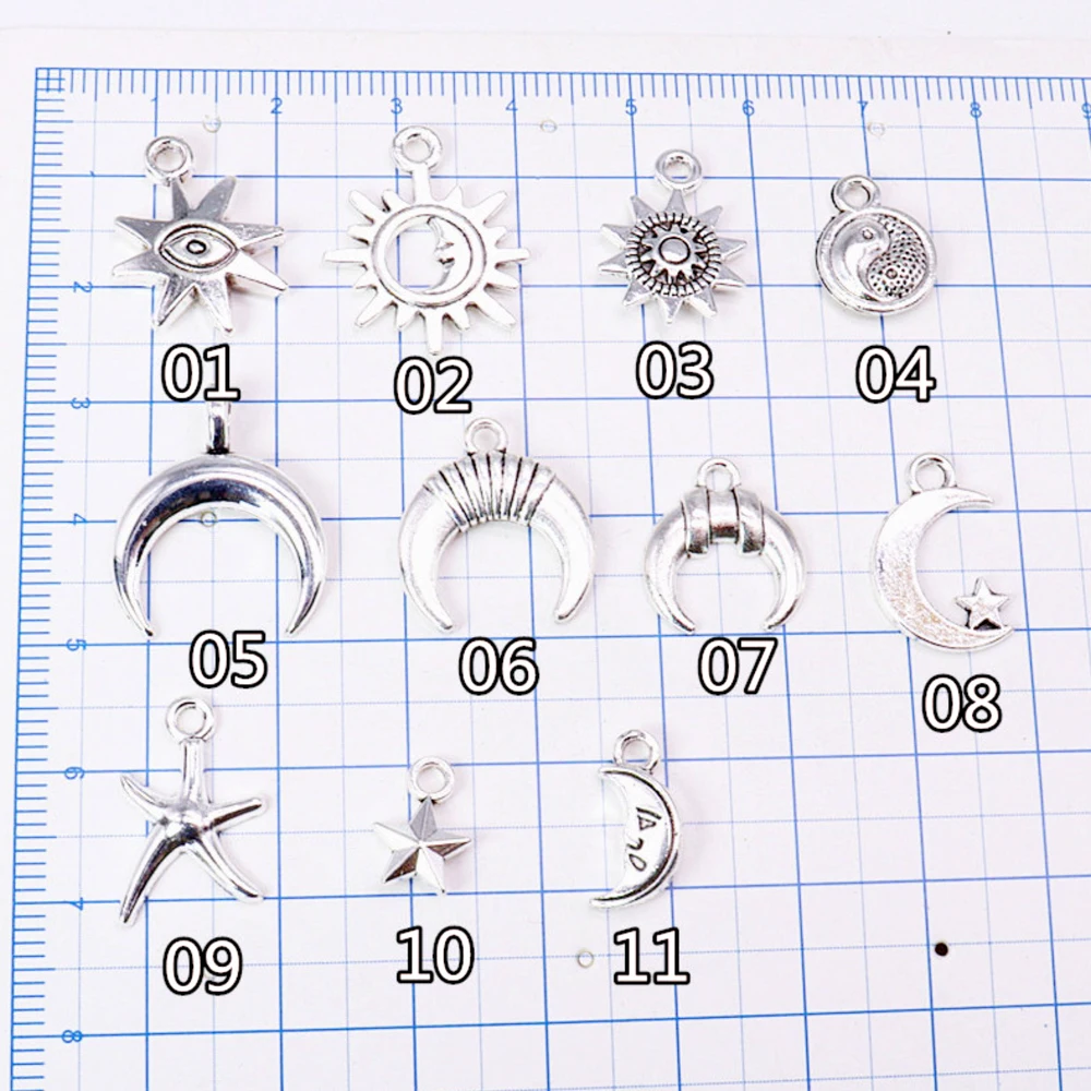 30/pcs Vintage Mixed Metal Sun Moon Star Charms Beads Handmade DIY Bracelet Pendant Necklace Clips Jewelry Making Findings