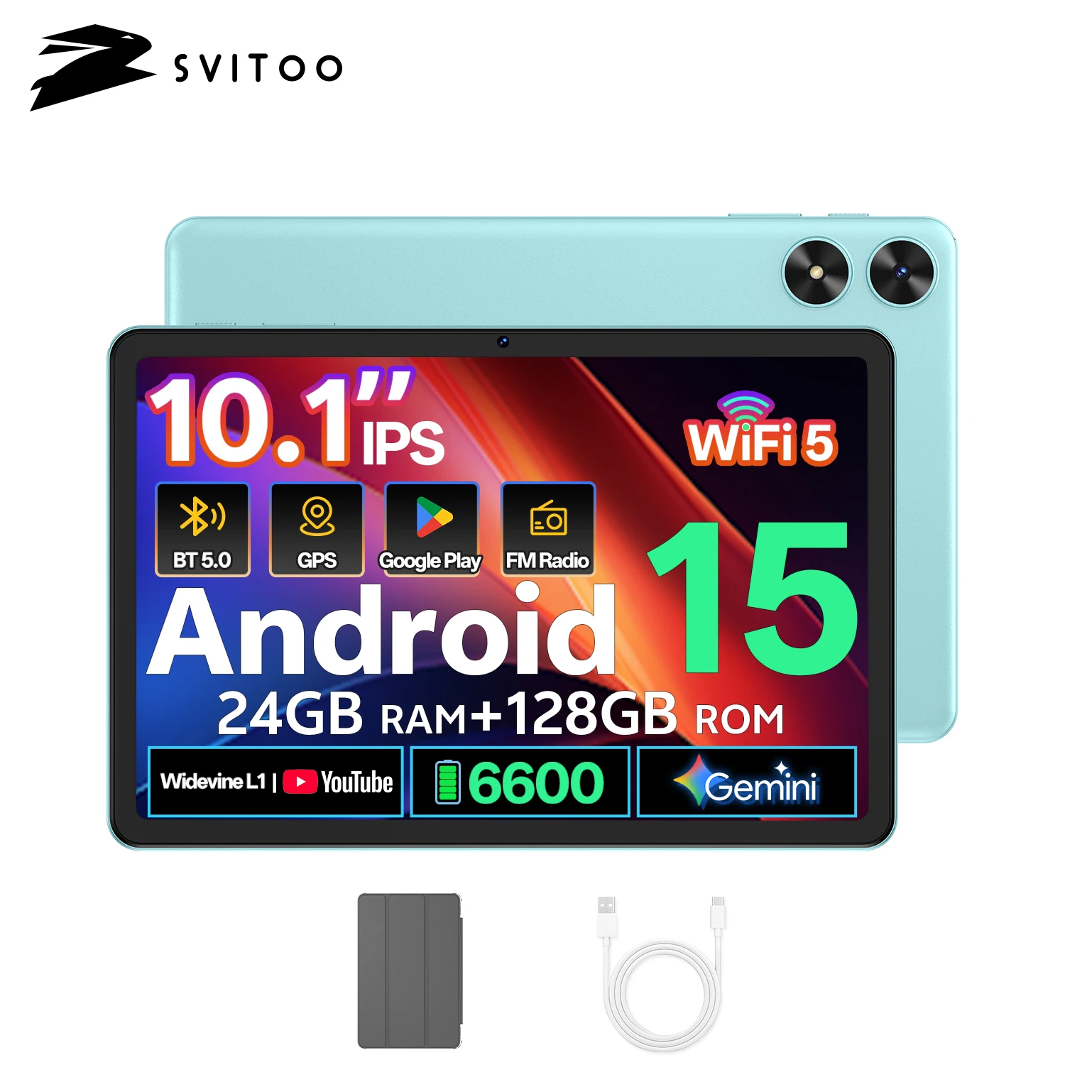 Tablette SVITOO 2026 Android 15, écran HD IPS 10,1 pouces, processeur Unisoc T310, 24 Go de RAM, 128 Go de ROM extensible jusqu'à 1 To, batterie 6600 mAh, Wi-Fi 5, Bluetooth 5.0, GPS, Widevine L1, avec étui Français